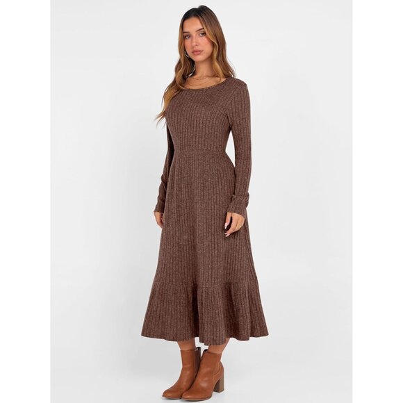 Womens Long Sleeve Midi Dress Rib Knit Crew Neck A Line Flowy Casual - Picture 7 of 7